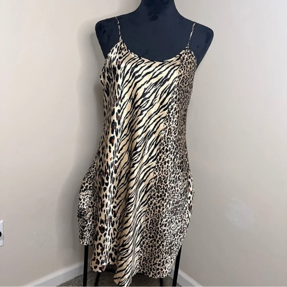 Leopard Zebra Print Silky Midi Slip Dress Women’s Size L